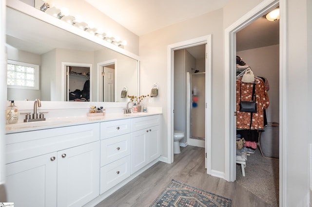 bathroom featuring double vanity, a sink, a spacious closet, and wood finished floors