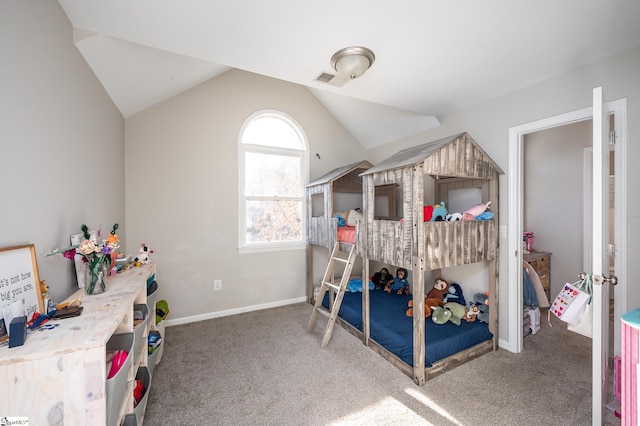 carpeted bedroom featuring vaulted ceiling, visible vents, and baseboards