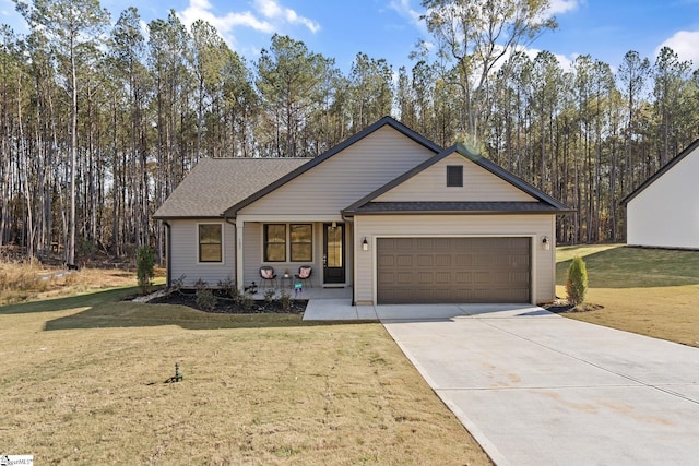 ranch-style home with a garage, concrete driveway, a shingled roof, and a front yard