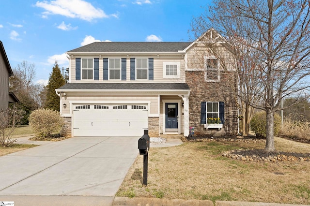 view of front facade with an attached garage, concrete driveway, stone siding, roof with shingles, and a front yard