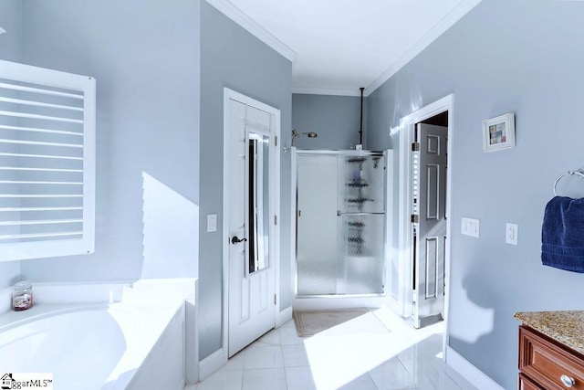 full bathroom with tile patterned flooring, vanity, a shower stall, a bath, and crown molding