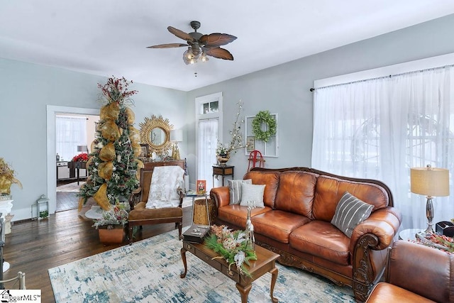 living room with a ceiling fan and wood finished floors