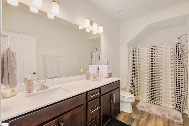 full bathroom featuring toilet, double vanity, a sink, and visible vents