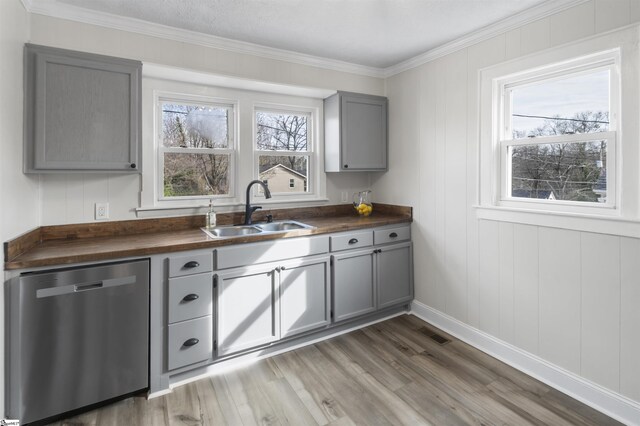 kitchen with stainless steel dishwasher, gray cabinets, a sink, and butcher block counters