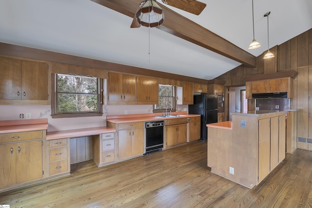 kitchen with vaulted ceiling with beams, light wood-style flooring, a sink, light countertops, and black appliances