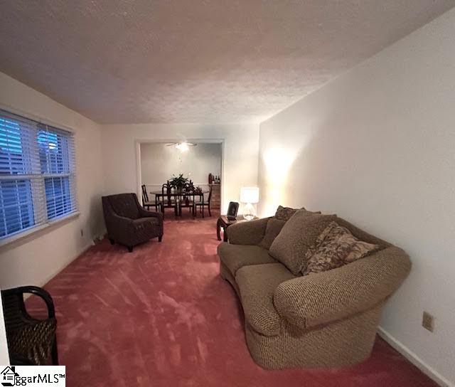 carpeted living area with a textured ceiling