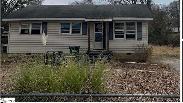 view of front of property with a shingled roof and crawl space