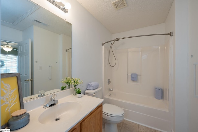 full bath featuring a textured ceiling, toilet, shower / bath combination, and visible vents