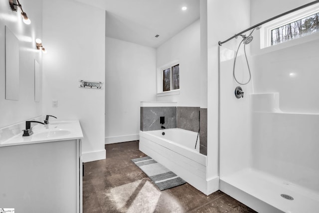 full bathroom with double vanity, a stall shower, concrete flooring, and a bath