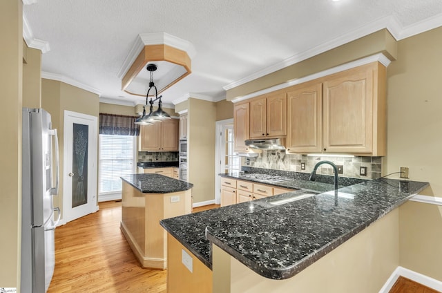 kitchen with stainless steel appliances, a peninsula, light wood-style floors, a center island, and pendant lighting