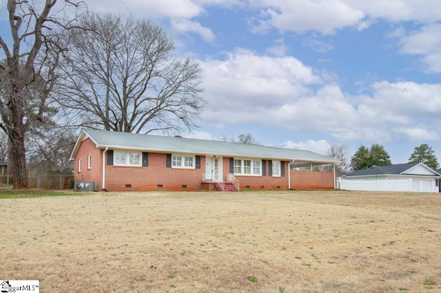 single story home featuring brick siding, crawl space, a front yard, and fence