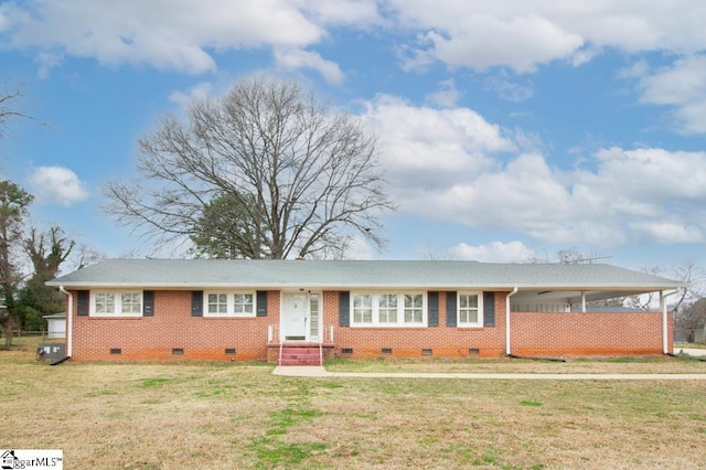 ranch-style house featuring brick siding, crawl space, a front lawn, and an attached carport