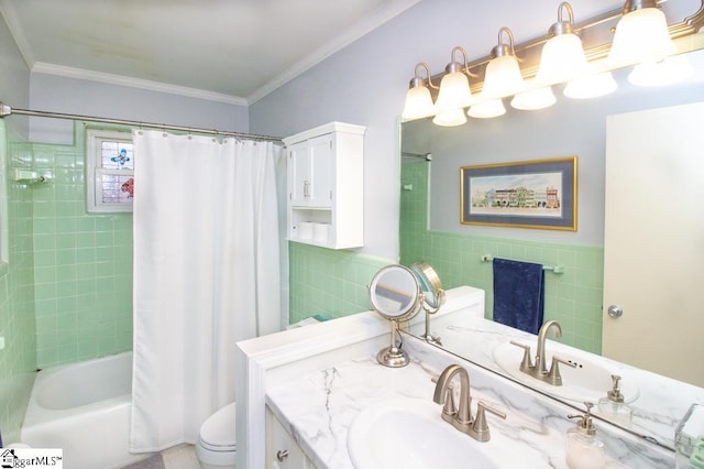 bathroom featuring toilet, tile walls, vanity, ornamental molding, and shower / tub combo with curtain