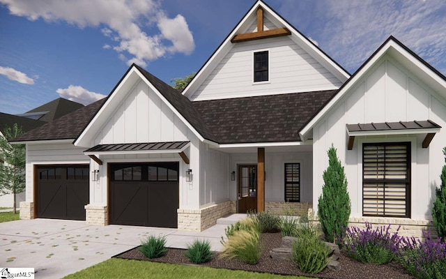 modern inspired farmhouse with a garage, a standing seam roof, board and batten siding, and roof with shingles