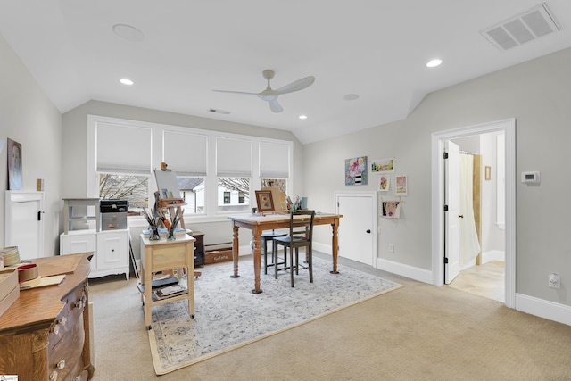 interior space with light colored carpet, lofted ceiling, visible vents, and recessed lighting