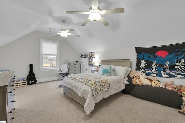 bedroom featuring lofted ceiling, baseboards, a ceiling fan, and light colored carpet