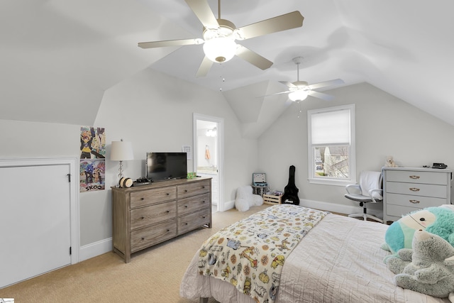 bedroom with light carpet, vaulted ceiling, and a ceiling fan