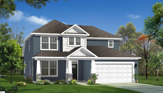 view of front of home featuring an attached garage, a shingled roof, and a front yard