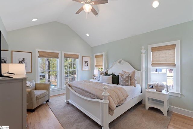 bedroom featuring baseboards, a ceiling fan, wood finished floors, vaulted ceiling, and recessed lighting