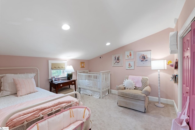 bedroom featuring baseboards, vaulted ceiling, recessed lighting, and light colored carpet