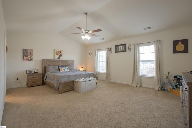 128 Lake Grove Rd, Simpsonville, SC 29681 - bedroom with light carpet, baseboards, visible vents, lofted ceiling, and ceiling fan