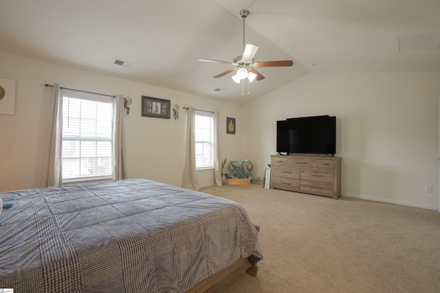 128 Lake Grove Rd, Simpsonville, SC 29681 - bedroom with lofted ceiling, light colored carpet, visible vents, ceiling fan, and baseboards