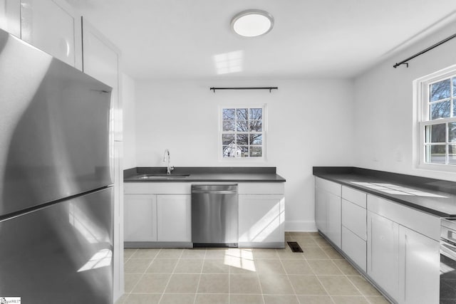 kitchen featuring appliances with stainless steel finishes, dark countertops, white cabinetry, and a sink