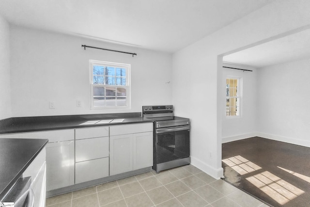 kitchen featuring stainless steel electric range oven, dark countertops, a wealth of natural light, and white cabinetry