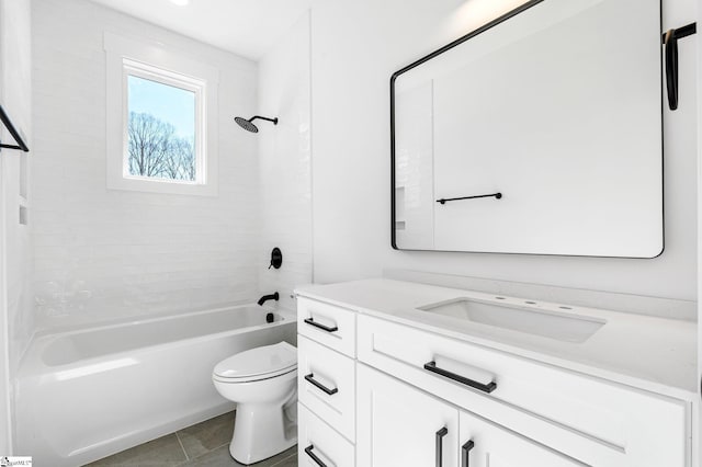 bathroom featuring shower / bathtub combination, tile patterned flooring, vanity, and toilet