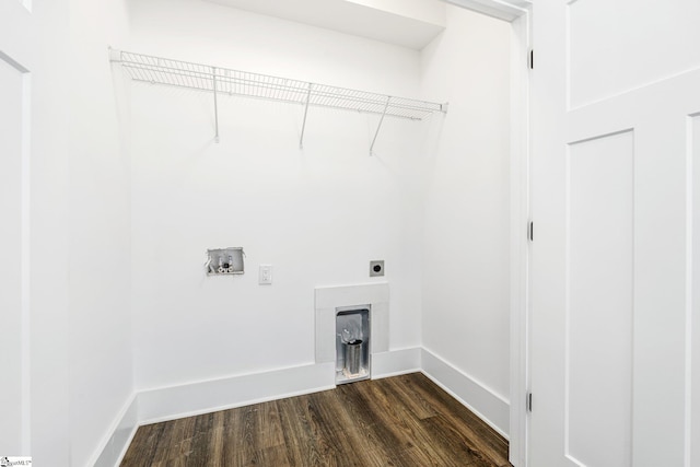 laundry room featuring dark wood finished floors, hookup for a washing machine, hookup for an electric dryer, laundry area, and baseboards