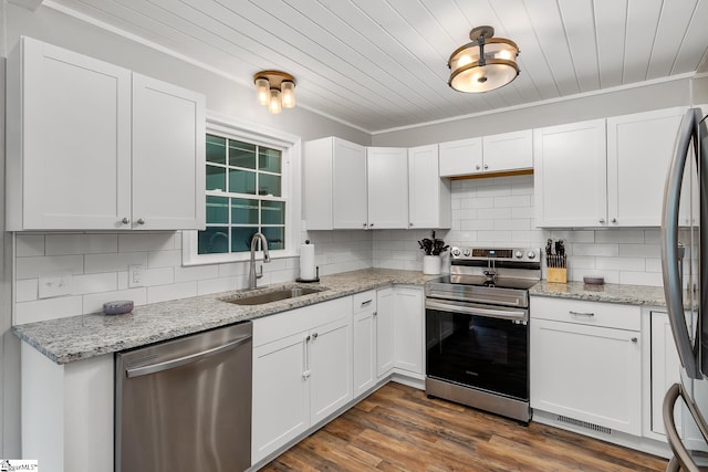 kitchen featuring stainless steel appliances, white cabinetry, and a sink