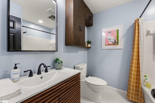 full bathroom with shower / bath combo, baseboards, visible vents, toilet, and vanity