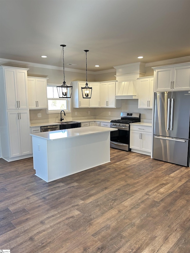 120 Bonaire Pt, Anderson, SC 29621 - kitchen featuring custom range hood, decorative light fixtures, stainless steel appliances, light countertops, and white cabinetry