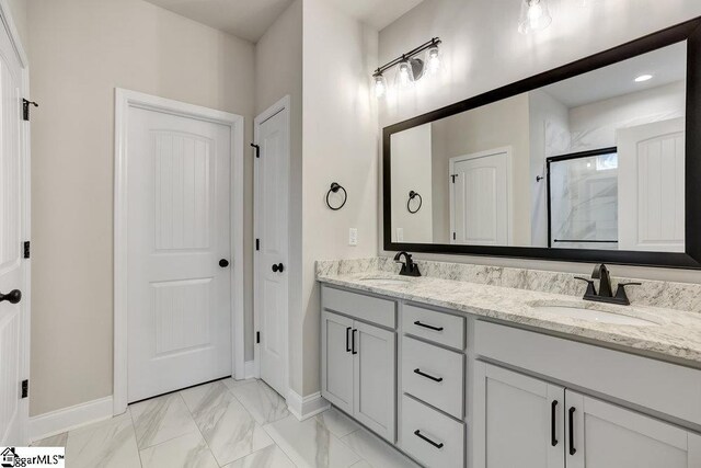 120 Bonaire Pt, Anderson, SC 29621 - full bath featuring marble finish floor, double vanity, a stall shower, and a sink