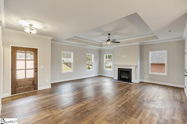 120 Bonaire Pt, Anderson, SC 29621 - unfurnished living room featuring baseboards, a raised ceiling, dark wood finished floors, and a glass covered fireplace