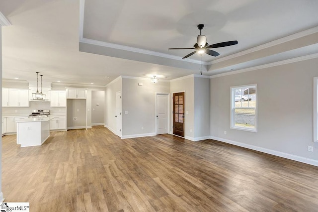 120 Bonaire Pt, Anderson, SC 29621 - unfurnished living room with a raised ceiling, light wood-style floors, ornamental molding, a ceiling fan, and baseboards