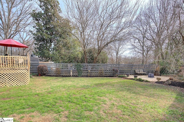 view of yard featuring fence and a wooden deck