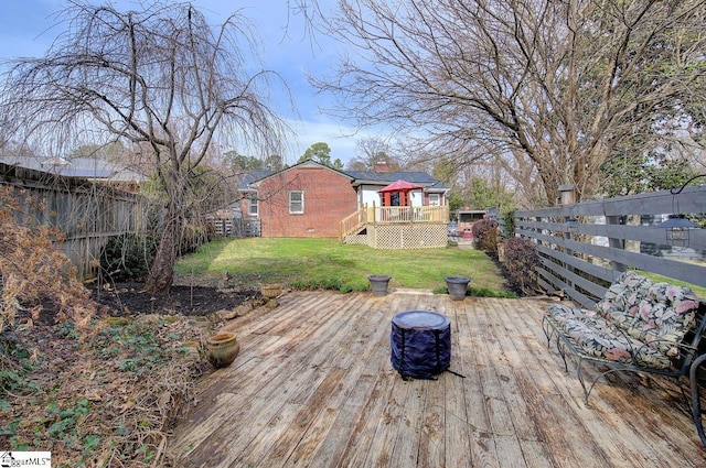 wooden terrace with a fenced backyard and a lawn