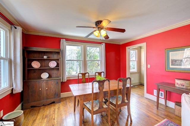 dining room with crown molding, light wood finished floors, and a healthy amount of sunlight