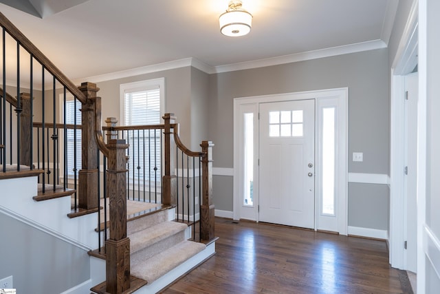 foyer with baseboards, ornamental molding, and dark wood-type flooring