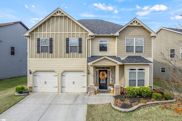 craftsman inspired home featuring roof with shingles, brick siding, concrete driveway, board and batten siding, and a garage