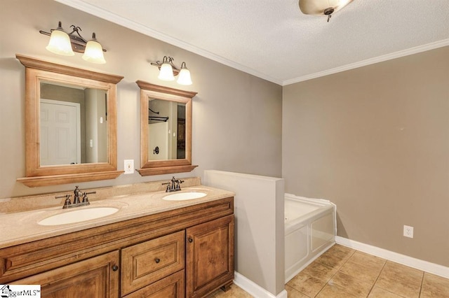 bathroom featuring double vanity, baseboards, ornamental molding, and a sink