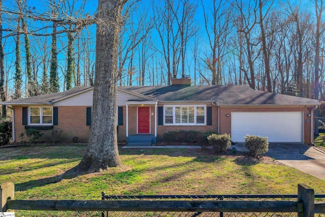 ranch-style house with entry steps, a garage, brick siding, driveway, and a front yard