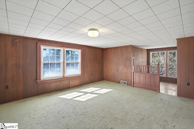 empty room featuring light carpet, wood walls, visible vents, and a wealth of natural light