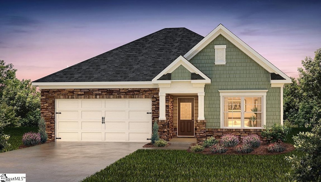 view of front of property featuring a garage, concrete driveway, roof with shingles, and stone siding