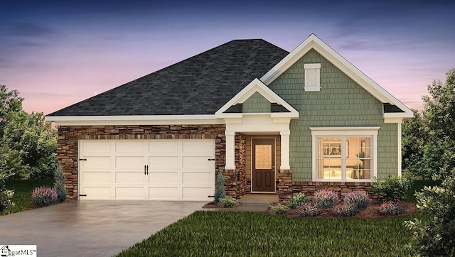 view of front of property featuring a garage, concrete driveway, roof with shingles, and stone siding