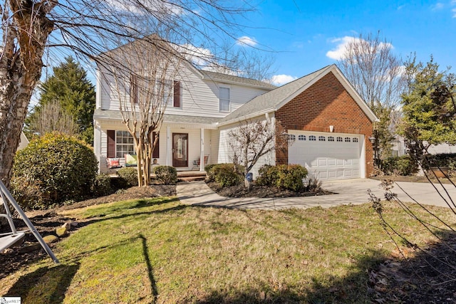 traditional-style home with concrete driveway, brick siding, a front lawn, and an attached garage