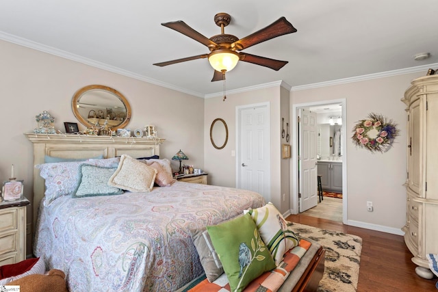 bedroom featuring baseboards, a ceiling fan, connected bathroom, ornamental molding, and wood finished floors