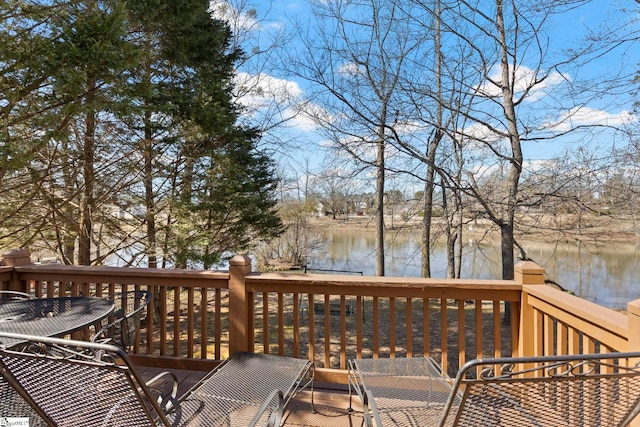 wooden terrace featuring a water view