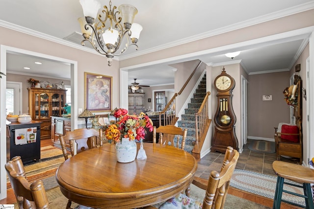 dining area featuring a chandelier, ornamental molding, stairway, and baseboards